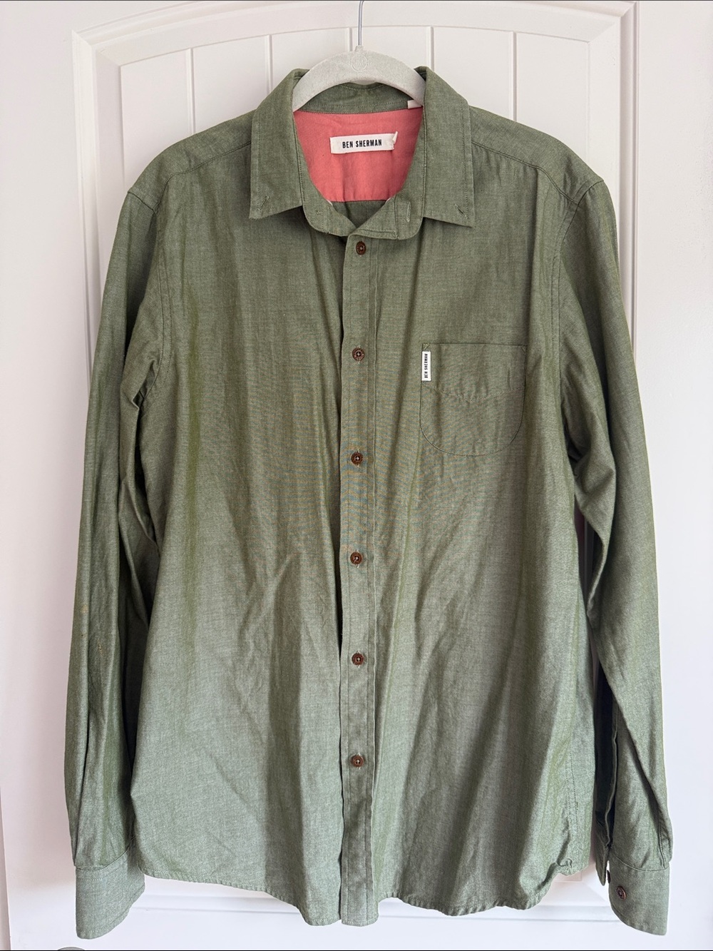 Ben Sherman Olive Green Button-Down Shirt with Pink Contrast Lining